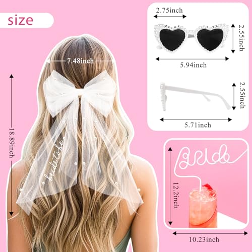 Bachelorette Party Veil - Edgy Embroidered Bow Headpiece, Bride Sunglasses and Straw | 2-Layer Pearl Veil, Bridal Shower Photo Booth Must-Have, Dare Game Props, Bride to Be Survival Kit