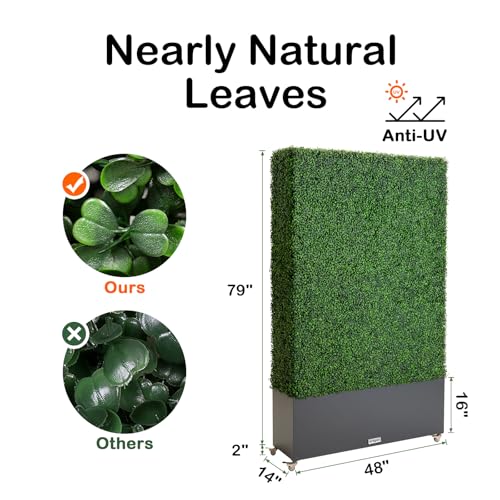 Artificial Boxwood Hedge Wall with Dark Grey Planter Box and Wheels, Greenery Fake Faux Grass Panels Backdrop Divider 48" WX81 HX14 D - size: 48"WX81"HX14"D
