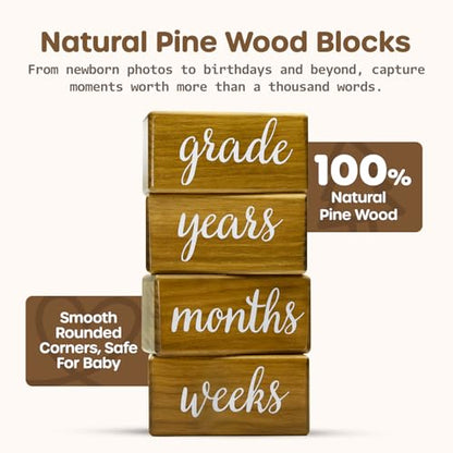 Pondering Pine Baby Milestone Blocks - Natural Pine Wood with Weeks Months Years Grade - Milestones Age Block Set with Boho Rainbow Bag, Newborn Weekly Monthly First Year Picture Props, Earth Friendly - color: Brown, size: 3 Piece