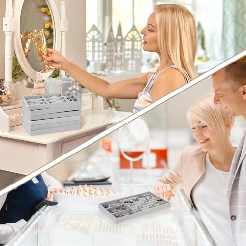 Abeillo 6Pcs Velvet Jewelry Tray Stackable Jewelry Drawer Organizer Inserts Divided Jewelry Box Display Case Storage for Earring Necklace Rings Bracelet Watch Bangle (Grey)