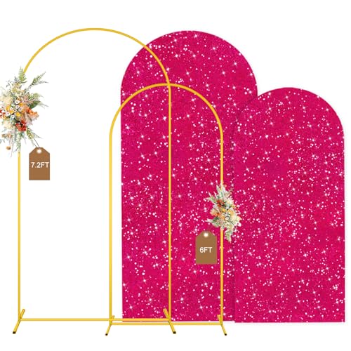 MODFUNS Arch Backdrop Stand and Cover Set 6&7.2ft Hot Pink Sequins Arch Backdrop Cover Metal Arch Frame with Covers Double Sided Arch Stand Covers for Wedding Party Baby Shower Decoration - color: Hot Pink, size: 6&7.2FT-Set