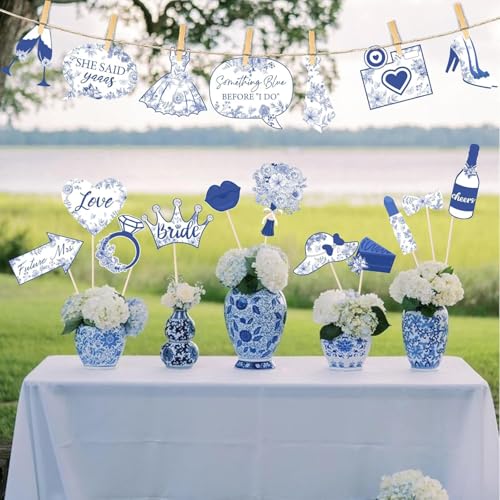 Bridal Shower Party Photo Booth Props Kit for Wedding Decoration Favor Supplies Pose Sign Dress Up Fun Accessories - color: Blue