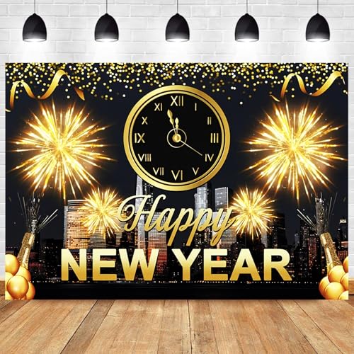 Withu 2026 Happy New Year Backdrop Black Night Glitter Gold Fireworks City Clock Countdown Festival Family Friends Merry Christmas Eve Photo Background Party Decorations Banner 7x5ft