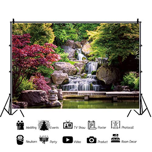 12x8ft Japan Garden Landscape Backdrop Retro Style Park View Photography Background Waterfall Maple Trees Bridge Kyoto Garden Travel Children Adult Portrait Photo Studio Props Wallpaper - size: 12x8ft