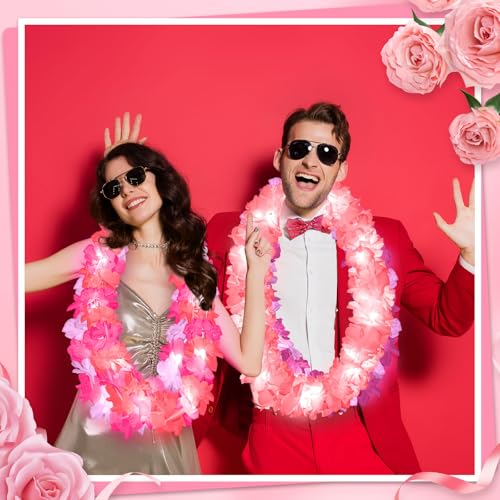 Sherr 24 Pcs LED Leis Light up Wedding Hawaiian Leis Flower Necklace with LED Lights Beach Tropical Carnival Party Wedding Supplies Luau for Masquerade(Pink Series) - color: Multi Pink
