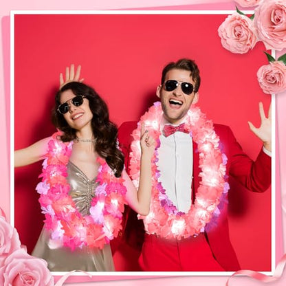Sherr 24 Pcs LED Leis Light up Wedding Hawaiian Leis Flower Necklace with LED Lights Beach Tropical Carnival Party Wedding Supplies Luau for Masquerade(Pink Series) - color: Multi Pink