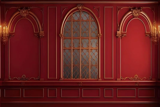 7x5ft Red Royal Wall Photography Backdrop Vintage European Style Arch Window Palace Interior Photography Background Ceremony Wedding Birthday Party Graduation for Kid Adult Video Studio - color: red, size: 7x5ft