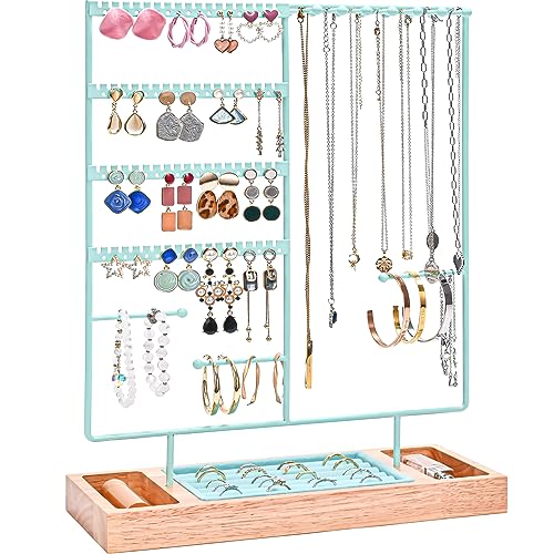 ProCase Jewelry Organizer Stand Earring Holder Organizer, 6 Tiers Earring Organizer Tree Necklace Rack Jewellery Tower Bracelets Holder Storage with Removable Wooden Ring Tray for Women Girls -Blue - color: Blue