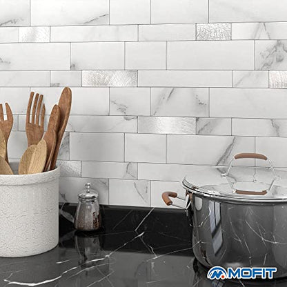 MOFIT Backsplash Tile for Kitchen Peel and Stick Stone Matte Finish,Bathroom Tiles Stickers 3D Wall Panel Linear Mosaic Marble Backsplash Waterproof(10sheets,White Silver) - color: White Silver, size: 10sheets