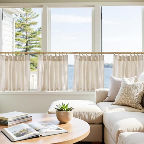 jinchan Linen Pinch Pleated Kitchen Curtains 24 Inch 4 Panels, Natural Linen Tier Curtains Back Tab Farmhouse Cafe, Light Filtering Small Window Drapes for Bathroom Laundry Room Beige - color: Pinch Pleated Beige, size: 26"W x 24"L (Pack of 4)