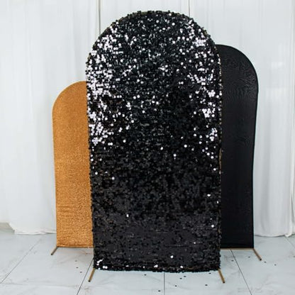 Efavormart Set of 3 Black Gold Chiara Arch Backdrop Covers (7ft/6ft/5ft), Round Top Snug Fit, Double-Sided Big Sequin, Tinsel & Spandex Mixed Texture for Anniversary, Gala, Events - color: Black/Gold