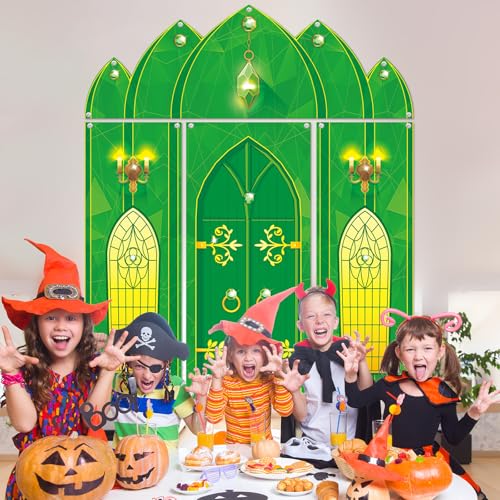 4PCS Green Castle Door Cover Party Decorations Green Castle Photography Background Fairytale Wonderland Door Hanging Porch Sign Banner for Birthday Princess Halloween Holiday Photo Prop Party Decor
