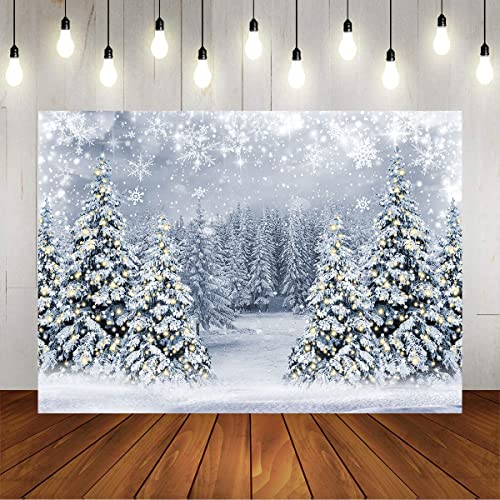 Mocsicka Winter Scene Backdrop Snowy Christmas Pine Tree Halo Spots Photography Background White Wonderland Snowflake Forest Party Holiday Photoshoot Props (White, 7x5ft) - color: white, size: 7x5ft