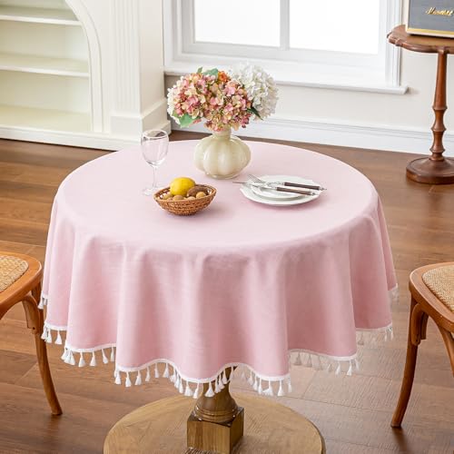 JIALE Valentines Textured Tablecloth, Heavy Duty Linen Style Farmhouse Table Cloth Round Tables, Wrinkle-Free Washable Waterproof Table Cover for Kitchen, Dining, Parties, 55"x55", Pink - color: Pink, size: 55" (Round)