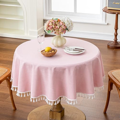 JIALE Valentines Textured Tablecloth, Heavy Duty Linen Style Farmhouse Table Cloth Round Tables, Wrinkle-Free Washable Waterproof Table Cover for Kitchen, Dining, Parties, 55"x55", Pink - color: Pink, size: 55" (Round)