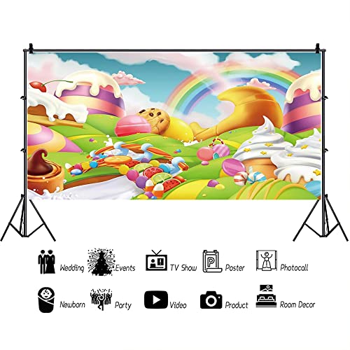 AOFOTO 15x8ft Candyland Backdrop Fantasy Giant Lollipop Candy Land Candy Themed Party Decorations Banner Cartoon Rainbow Ice Cream Dessert Shop Decor Background Kids Baby Birthday Photoshoot Props - size: 15x8ft