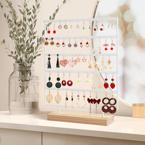 Jewelry Organizer, 5 Tiers Earring Organizer with 120 Holes for Storing and Displaying Earrings of Various Styles, Models and Sizes, Removable Wooden Base for Home and Store Use - color: White