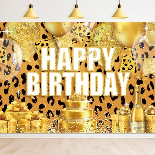 Newsely Leopard Print Happy Birthday Backdrop 7Wx5H Photography Cheetah Woman Girl Golden Floral Balloons Cake Champagne Background Modern Luxury Party Decorations Banner Photo Booth Props Supplies - color: K-Gold Leopard, size: 7Wx5H
