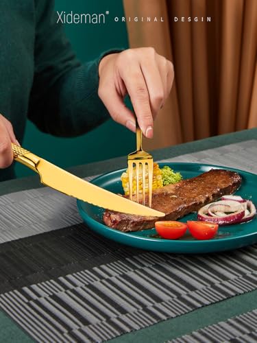 16-Piece Luxury Gold Hammered Silverware Set with Ultra Sharp 2-IN-1 Serrated Knife, 18/10 Stainless Steel Flatware Set, Tableware Cutlery Set for 4, Forks Spoons Knives Set - color: Gold