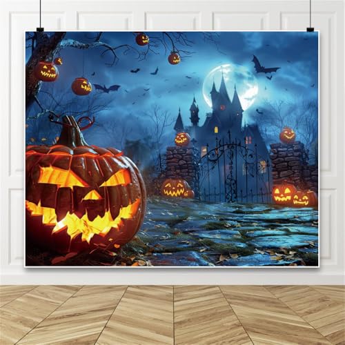 Halloween Backdrop 10x8ft Blue Horror Full Moon Night Pumpkin Lantern Bats Scary Castle Photography Background for Spooky Party Decorations Banner Photo Booth Props