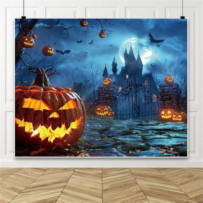 Halloween Backdrop 10x8ft Blue Horror Full Moon Night Pumpkin Lantern Bats Scary Castle Photography Background for Spooky Party Decorations Banner Photo Booth Props