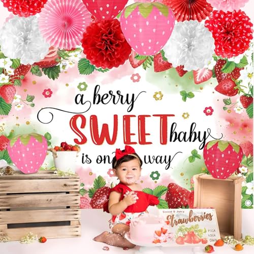 Fabric 10x6.5ft Strawberry Baby Shower Backdrop A Berry Sweet Baby is on The Way Photography Background Strawberry Girl 1st Birthday Newborn Party Decorations Banner Kids Adults Photo Shoot Props - size: 10x6.5ft(WxH)