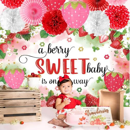 Fabric 9x6ft Strawberry Baby Shower Backdrop A Berry Sweet Baby is on The Way Photography Background Strawberry Girl 1st Birthday Newborn Party Decorations Banner Kids Adults Photo Shoot Props - size: 9x6ft(WxH)