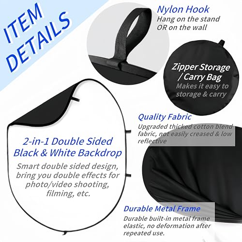 5 * 6.5 Ft Collapsible Backdrop Black White Pop Up Screen with Carrying Bag, Double Sided Foldable Backdrop Portable Background for Photography Auditions Headshots Gaming Streaming Video Calls - color: Black White