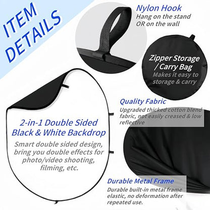 5 * 6.5 Ft Collapsible Backdrop Black White Pop Up Screen with Carrying Bag, Double Sided Foldable Backdrop Portable Background for Photography Auditions Headshots Gaming Streaming Video Calls - color: Black White