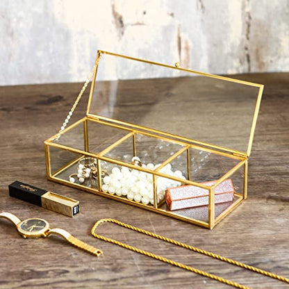 Vintage Golden Glass Lidded Box Clear Glass & Brass Metal Storage Jewelry and Cosmetic Makeup Organizer with Lid Beauty Display, Rectangle with 3 Compartment