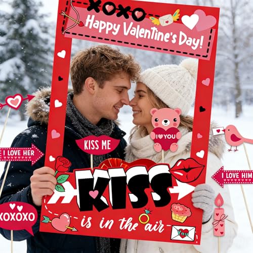Valentine’s Day Photo Booth Props Frame, Love Heart Kiss Selfie Photobooth Props, Happy Valentine’s Day Photo Props for Wedding, Anniversary & Party Decorations