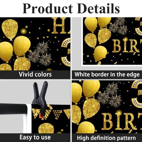 5x3ft Happy 30th Birthday Party Photography Backdrop, Glitter Black and Gold Balloons Background for Woman Man 30 Bday Shining Diamond Thirty Years Old Birthday Party Supplies - color: 30th, size: 5x3ft