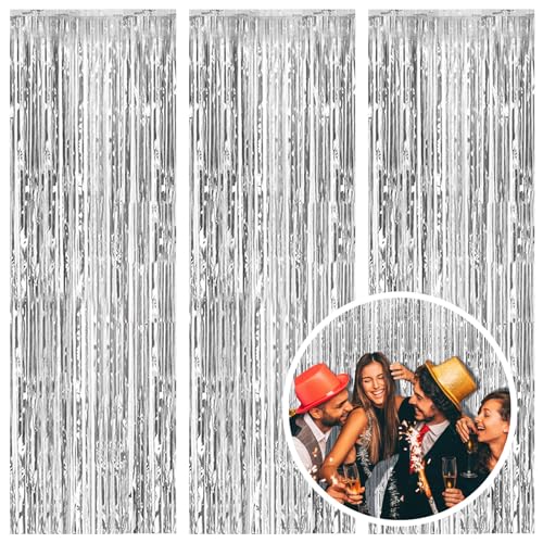 3 Pack Silver Foil Fringe Backdrop Curtains Party Streamers Metallic Tinsel Birthday Backdrop Christmas Bachelorette New Year Engagement Graduation Disco Party Decorations Glitter Backdrop - color: Silver
