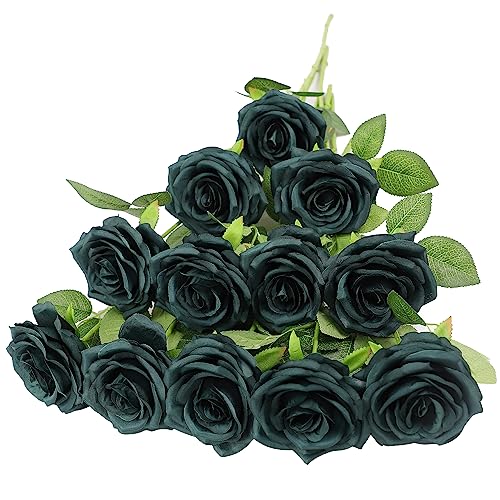 LVEFIT 12pcs Artificial Rose Flower Dark Green Rose Emerald Green Flower with Long Stem Silk Roses Bouquet for Wedding Bridal Shower Party Home Decoration - color: Emerald Green, size: 12pcs