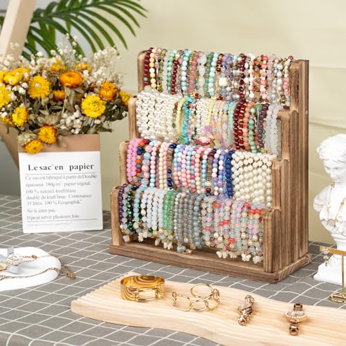 Emfogo Bracelet Holder, 4 Tier Bracelet Organizer Storage for Bracelets Bangles Watch Scrunchies, Rustic Wood Jewelry Organizer Display for Home, Vendors, Craft Shows and Store(Rustic Brown) - color: Rustic Brown