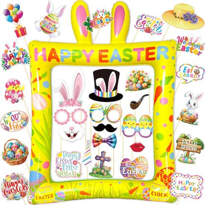 Happy Easter Inflatable Photo Frame & Props Set, 30Pcs Easter Photo Props with Giant Inflatable Picture Frame for Easterday Party Selfie Supplies - color: Easter