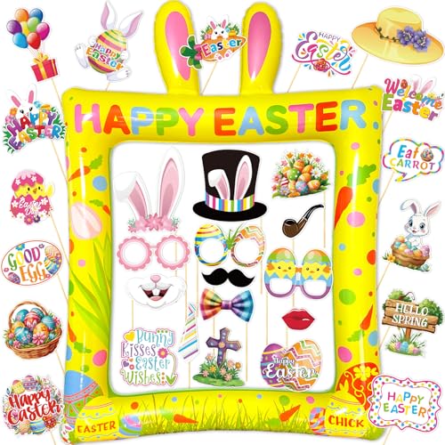 Happy Easter Inflatable Photo Frame & Props Set, 30Pcs Easter Photo Props with Giant Inflatable Picture Frame for Easterday Party Selfie Supplies - color: Easter