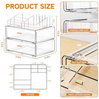 Yieach Clear Acrylic Makeup Organizers Countertop for Dresser,Desk,Bathroom Vanity,3 Tier Stackable Make up Holders and Makeup Cabinet,Tiered Cosmetic Storage and Make up Containers for Palette,Brush - size: 2 Drawers