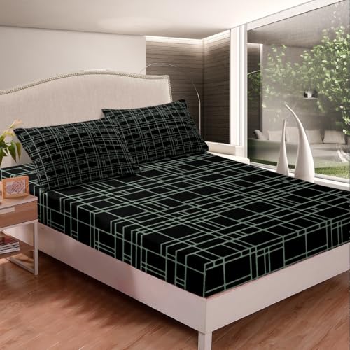 jejeloiu Black Green Geometric Fitted Sheet Full Size Kids Stereoscopic Square Bed Sheets Set for Boys Girls Teens Bedding Set Breathable Modern Minimalism Art Bedroom Decor - color: Black Green, size: Full