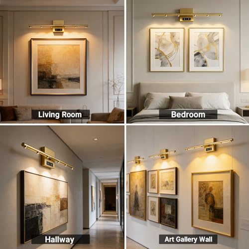 Picture Lights Rechargeable for Wall: Battery Operated Wall Sconces Wireless Art Lighting for Painting Canvas Gallery 360° Rotatable Detachable Battery Aluminum 48H (1, Gold with Lens) - color: Gold With Lens