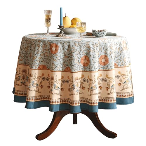 patdrea Designer French Linen Blue Round Table Cloth,Vintage Floral Tablecloth,Colorful Decoration Fall Table Cover Kitchen Dining for Tea Party,Thanksgiving,Christmas,Diameter 67"-Wensel - color: Wensel, size: 67" (Round)