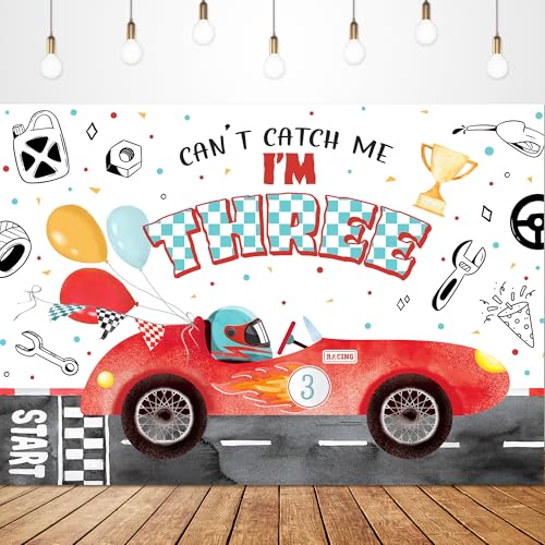 Glawry Car Racing 3rd Birthday Backdrop 7Wx5H Feet Watercolor Cartoon Cute Red Race Car Kids Boys Can't Catch Me I'm Three Birthday Party Decorations Photography Background Photo Booth Studio - color: Watercolor Car 3rd Birthday, size: 7Wx5H