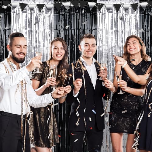 6 Pack 3.3Ft x 6.6Ft Graduation Foil Fringe Curtain Backdrop Decorations, Black Silver Metallic Tinsel Foil Streamers Curtain Photo Background for Graduation Prom Wedding Birthday Party Decorations - color: Black Silver