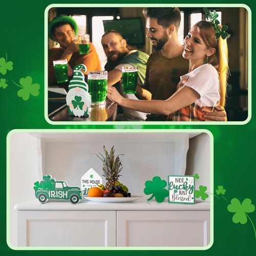 Beeveer 15 Pcs St. Patrick's Day Tiered Tray Decor Set Shamrock Gnome Wooden Sign Rustic Irish Themed Table Centerpiece Tabletop for Home Office Kitchen(Gnomes) - style: Gnomes