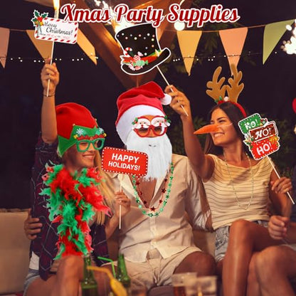 Zubebe 55 Pcs Christmas Photo Booth Props DIY Kit Selfie Props Accessories Christmas Hats Headband Glasses Scarves Paper Photo Booth Xmas Theme Photography Backdrop Decor Xmas Party Supplies