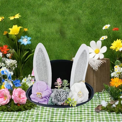 Cute Easter Bunny Ear Top Hat for Adults Rabbit Ears Cosplay Bucket Hat with Artificial Flower Costume Accessory - color: Black