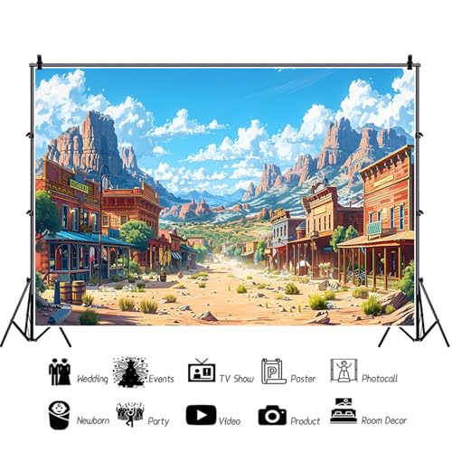 8x6ft Western Backdrop Wild West Theme Cowboy Birthday Party Photography Background Vintage West Town Desert Mountain Decorations Kids Adults Portraits Banner Photo Studio Props - color: Blue, size: 8x6ft