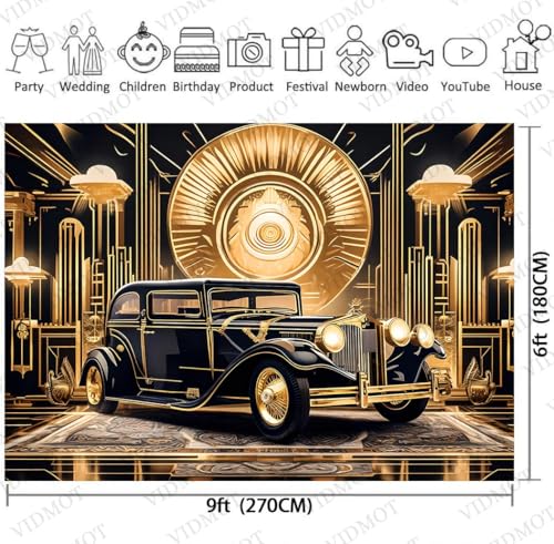Roaring 20s Background 9x6ft Black Gold Retro Texture Background for 20's Prom Party Decor Portrait Photo Shoot 1920s Vintage Car Backdrop Photography Studio Set Props - size: 9x6FT