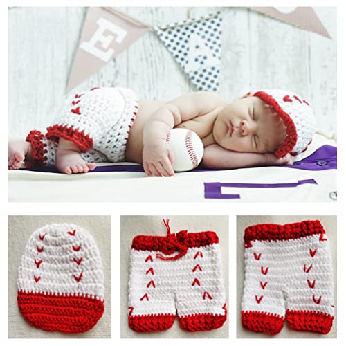 Newborn Baby Photo Shoot Props Girl Boy Crochet Knit Hat Costume Stripe Hat Pants Overalls Photography Props - color: Red and White