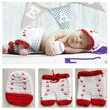Newborn Baby Photo Shoot Props Girl Boy Crochet Knit Hat Costume Stripe Hat Pants Overalls Photography Props - color: Red and White
